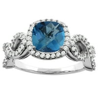 10k бяло злато естествено лондонско синьо годежен пръстен възглавница за вечност диамантени акценти, размер 8.5