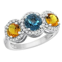 14k бяло злато естествено Лондон Синьо Топаз и цитрин страни кръг 3-каменни пръстени диамантени акценти, размер 7