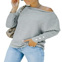 Жени кръгла врата пуловер с дълъг ръкав моден бутон пуловер ежедневен тънки плетен пуловер