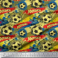 Soimoi Yellow Poly Georgette Fabric Brush Stroke & Football Sports Print Fabric край двора